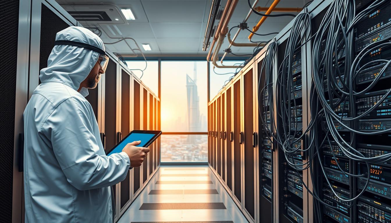 A technician wearing traditional Middle Eastern attire and a lab coat stands in a modern data center, holding a tablet while inspecting server racks. The room is filled with organized and some tangled network cables, and large windows reveal a cityscape with skyscrapers at sunset.